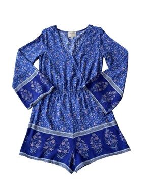 Hayden Los Angeles Blue Floral Bell Sleeve Boho Romper Border Print Size Small